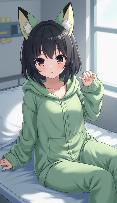  dark black hair, black eyes,hospital room bed,1 girl, high resolution, textured skin, very detailed, shortcuts,Petite, Low, middle school student,No breasts,slender,green fox costume pajamas,big hood、Baggy, short hair,Mokko Moko's pajamas,paw design glove...