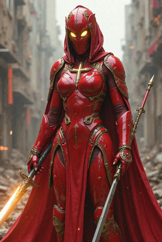 She stands as a fierce and resolute warrior, a vision of unyielding strength in the heart of a ravaged futuristic city. Clad in a sleek, scarlet armor that gleams with an almost ethereal luster, her presence is commanding and powerful. The armor is adorned...