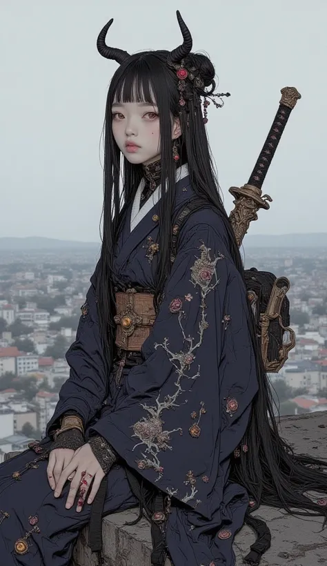 arafed asian woman in a  kimono outfit posing on a ledge, wearing  kimono armor, in  kimono, highly detailed  kimono, in a  kimono, wearing  kimono, intricate geisha  kimono, wearing  kimono armour,  kimono, japanese  kimono, wearing a  kimono, wearing roy...