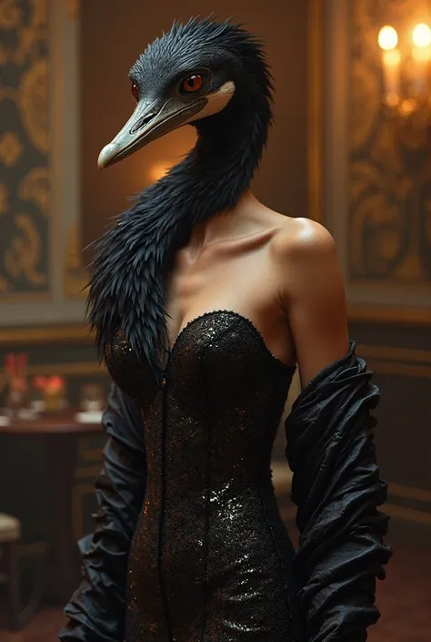 Female animated cormorant in sexy evening wear