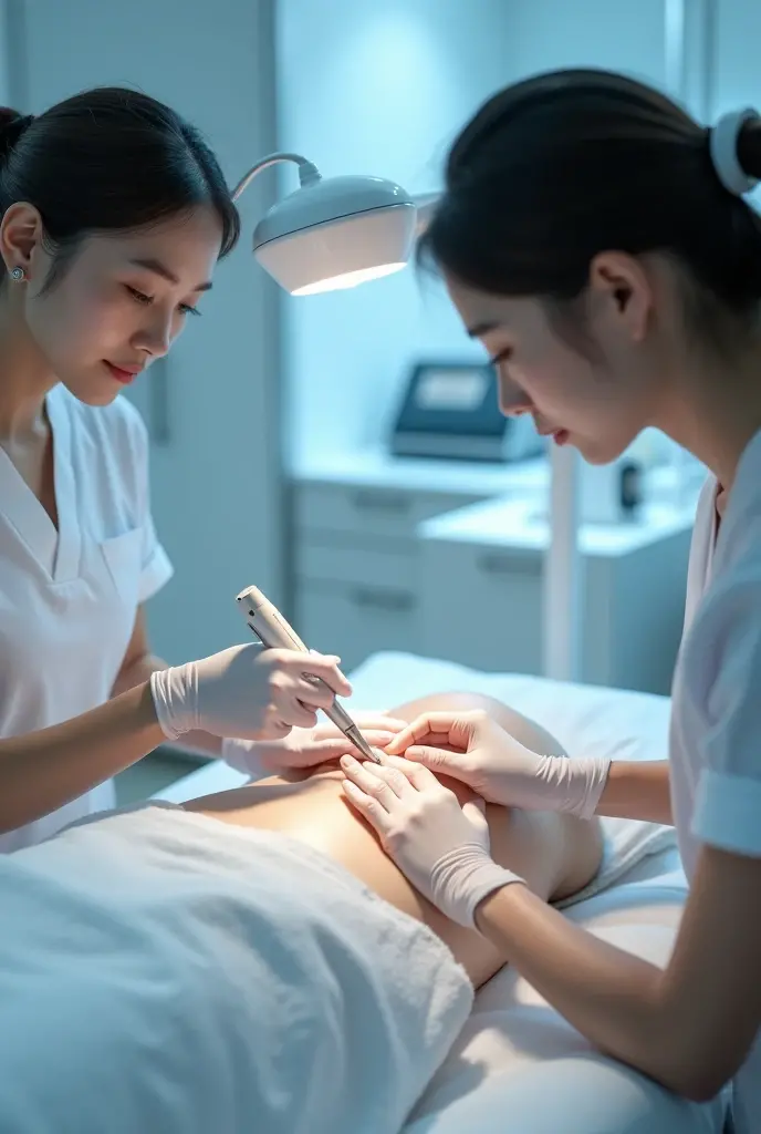 A close-up of smooth, hair-free female skin. Miniature laser hair removal specialists in white coats and pink gloves are performing the procedure using tiny laser devices. One specialist is working on the leg area, another on the bikini zone, and one more ...