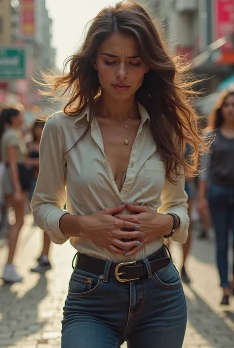 A pretty white woman with long hair is pooping with a painful expression while holding her stomach because she is not on the toilet in a skirt.she wears a tight-tailored shirt tucked in skintight jeans and black buckle belt 