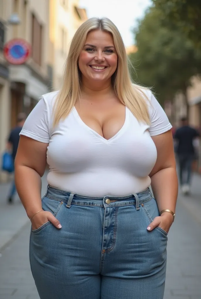 A beautiful morbidly obese busty blonde straight-haired blue eyed woman resembling like a French cinema actress, 21 years old, wearing white V-neck t-shirt showing the cleavage, and denim trousers, having humongous and enormous tits, fat voluptuous and fla...