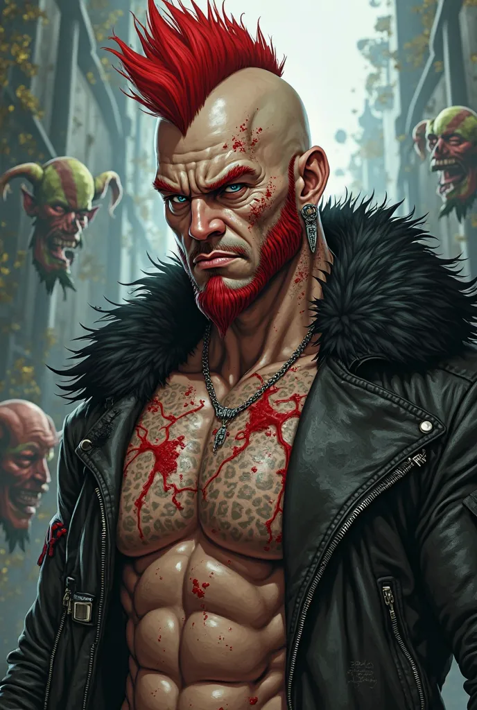 Highest quality, textured skin, Skinhead Man,Hahaha,Red Mohawk Trimming,  muscular,A jacket with black fur and leather on bare skin,earrings,Intimidating, blank stare, goblins, anime, ニヤリと笑う