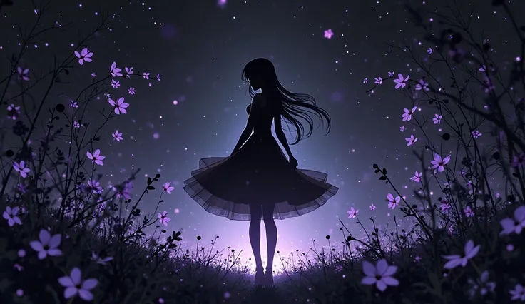 ( silhouette art,Anime Beauty) ((( paper crafts,A world where only black exists:1.3)background、fantastic light、purple little flower
