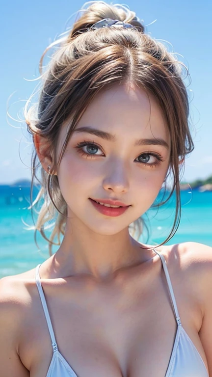 ((Highest quality, 8k, Best Picture Quality, Ultra-high precision)),   beauty, 18 years old,  alone, big, Nipples, round face, kind smile, big Eyes, White teeth, Super high definition with beautiful skin,   white skin,   Silver Hair, shortcuts, sandy beach...