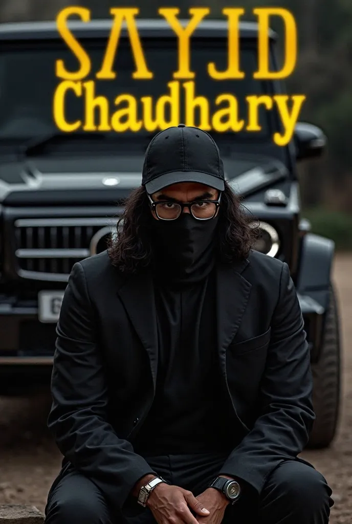 A man sitting on chair with black long hair with black glasses and black mask and black cap with background car mercedes g wagon in black and background name (Chaudhary) in style and colour in yellow 