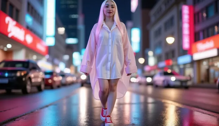 street photograpy style, full body and full attire, Photo of a beautiful young celebrity albino woman, walking confidently on a bustling city street at night. long straight white hair gradient vibrant pink tips undertone color. She is wearing a translucent...