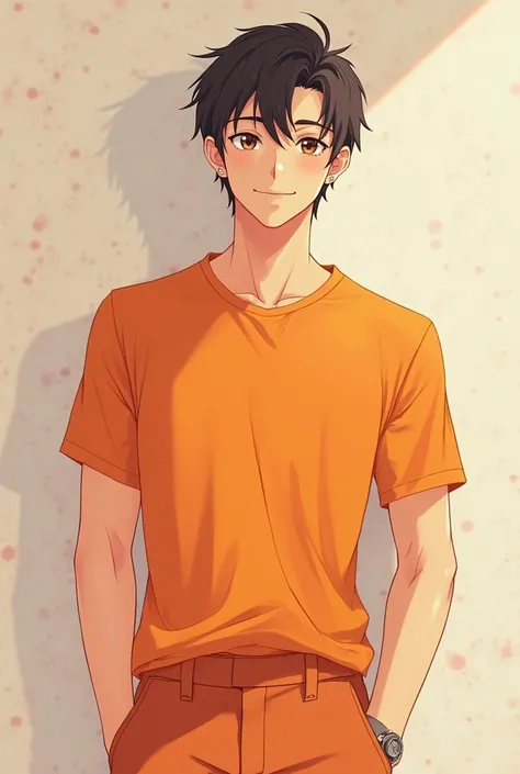 Create an handsome anime boy in orange shirt and pants and hands in pants and smiling 