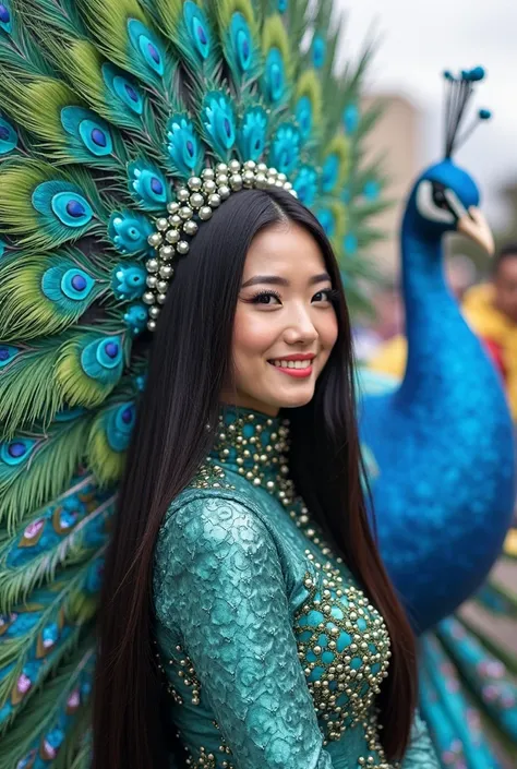  Korean woman,very long straight shiny black hair, with bright textured and illuminating light skin, eyeliner,lip gloss, wearing an elaborate Carnival costume. The costume is teal blue and green, with many feathers that mimic the tail of a peacock. The cos...