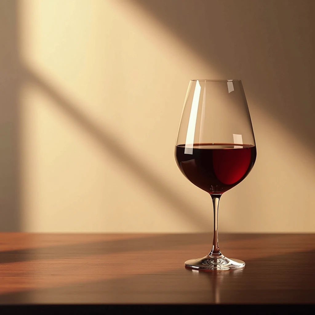 A wine glass sitting on a polished dark wooden table against a warm soft beige background the glass is filled with a red wine. The wine glass creates a golden glow, the glass is slender and delicate and refined, the table reflects the glass very slightly g...