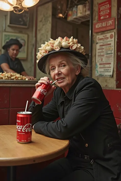 "Une vieille femme avec une attitude rebelle, portant un bonnet en filet orné de coquillages. Elle est assise à une table dans un café de rue, habillée en noir, avec du vernis rouge sur les ongles. Elle boit une canette de Coca-Cola avec une paille, tout e...