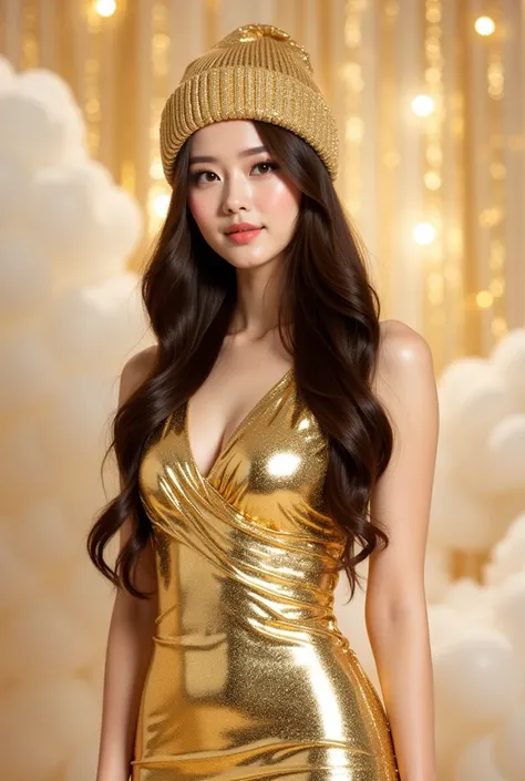 a woman in a beautiful gold metallic long dress sparkles elegantly. The dress features a bib neckline and a snug fit, accentuates her figure. She wears one gold beanie hat with intricate details, accentuates her regal look.  Long hair , her buoyant figure ...