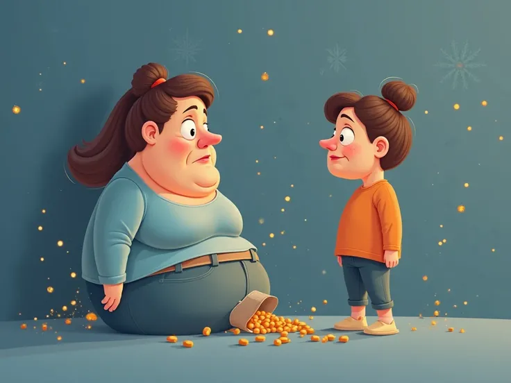 A high-quality image of an overweight woman struggling with obesity, sitting in front of a mirror with a worried and tired expression. Beside her is a bottle of weight loss capsules, and she looks at it with hope and optimism. In the next scene, she appear...