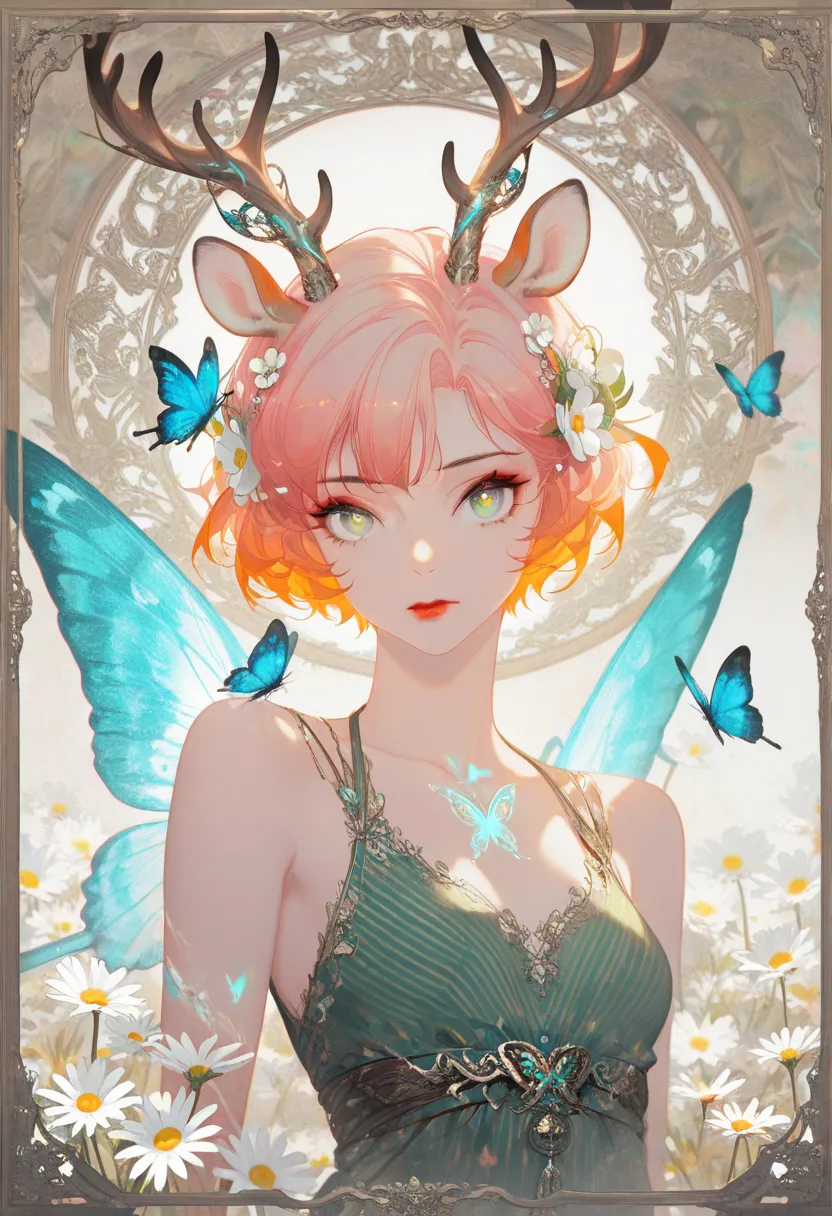 mian_lang,masterpiece, best quality, good quality, very awa, newest, highres, absurdres, 1girl, solo, breasts, looking at viewer, short hair, hair ornament, dress, animal ears, closed mouth, bare shoulders, green eyes, upper body, pink hair, flower, multic...