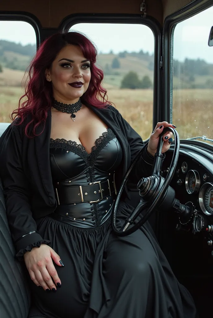 tall bbw woman, goth makeup, goth outfit, black corset, burgundy hair, brown eyes, black glasses, black choker, black nails, black winged eyeliner, eyeshadow, black lipstick, round face, sexy smile, thick, busty, wide hips, dip hips, bigger butt, bigger br...