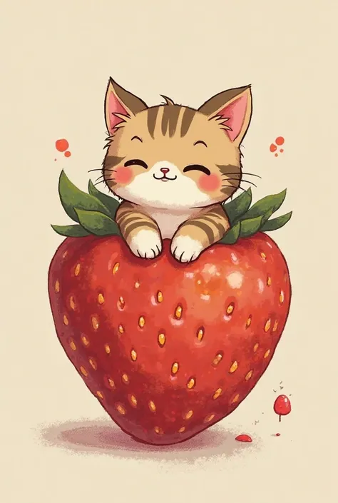 A strawberry in which a cat sits, its small head sticks out in the very middle, on the side there are legs and arms, everything should be cute and sound as if it was drawn, above the cat there should be an inscription Otaku and under it Zone 