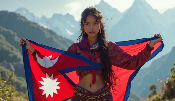 girl holding nepali flag sideways