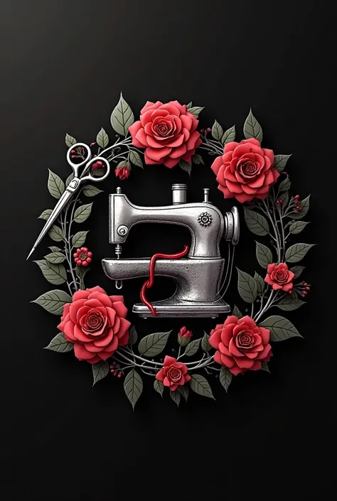 Creative logo in black, silver and white. Be decorated with flowers that are red. The icon should be needle thread scissors sewing machine.