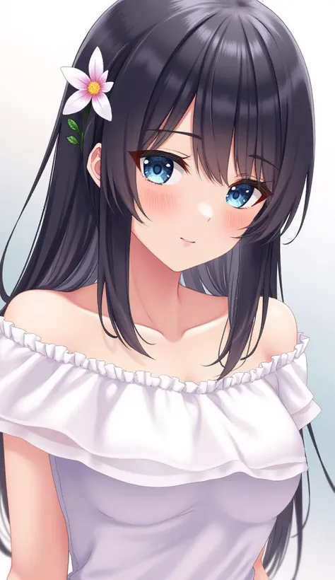 1girl, Solo, High Resolution, Long Hair, Breasts, Looking at viewer, Blue eyes, Black Hair, Hair Flower, Accurate, Anatomically Correct, Best Quality, Masterpiece, Award Winning, HD, High Quality, Super Detailed, Textured Skin, UHD, 