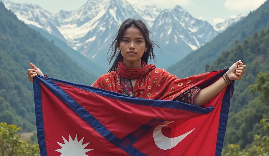 girl holding nepali flag sideways