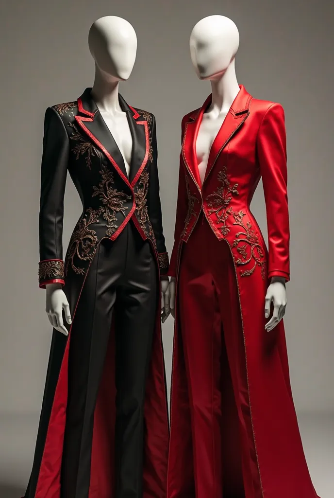 there are two mannequins dressed in red and black clothing, black and red silk clothing, black and red suit, on a mannequin. high resolution, on a mannequin. high quality, red and black details, red and black suit, red and black colors, red and black, wear...