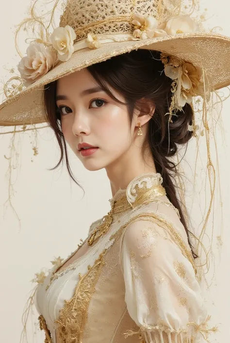 Young asian aristocrat in a hat, gothic art, woman of cold beauty, gold and white, beige and brown costume details, Victorian Renaissance, dieselpunk style, hyperrealism, Gothic background, golden vines, watercolor, twisted threads, ink splashes, dynamics,...