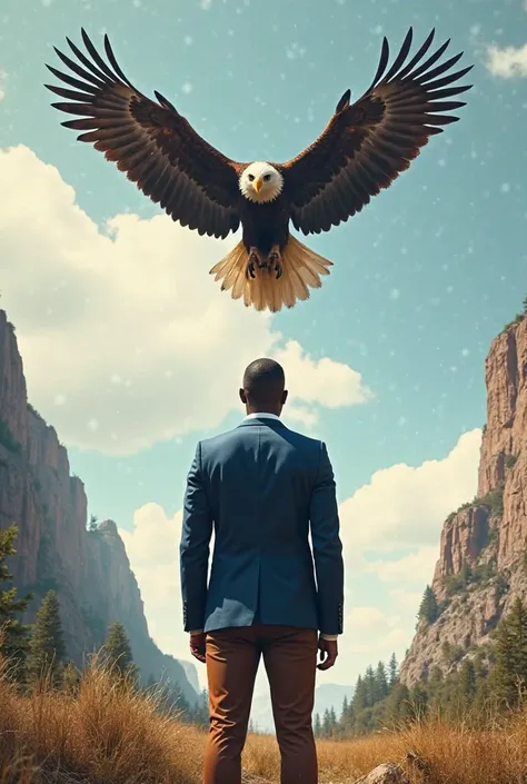 A handsome, short-haired black man in a blue suit in brown trousers was waiting for a giant eagle that was huge once circling the wilderness 