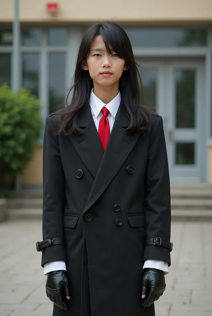 Live Action Tall Asian Tween Boy With Long Flowing Shoulder-Length Black Hair, Wearing a VERY Long Sleeved Black Double Breasted Suit over a White Dress shirt And Red tie, With White Sleeve cuffs over his Black Leather Gloved Palms and Black Dress pants, i...