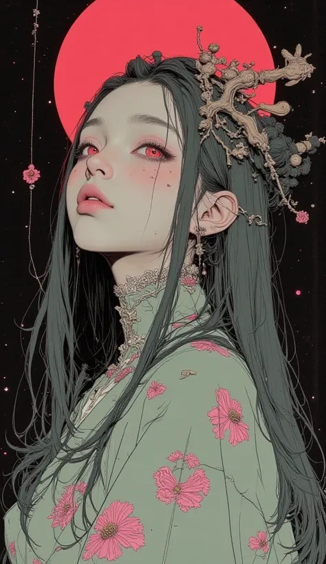 Closeup of a woman in a pink and green costume,  Exquisite Paintings Inspired by Yang Jun Chen, Tumbler, Fantasy Art, beautiful digital art standing under a star,  pop japonism 3d ultra detail ,  Feudal Japanese Art ,  Make it an amazing digital art with g...