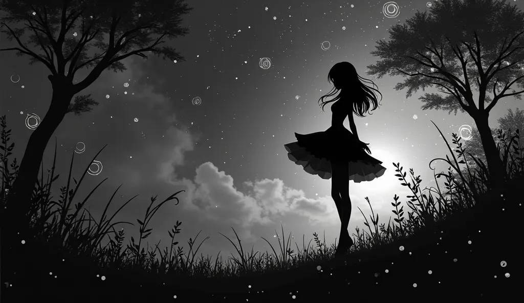 ( silhouette art,Anime Beauty) ((( paper crafts,A world where only black exists:1.3)background、fantastic light、starry sky