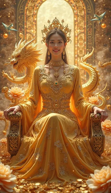 A stunning, elegant woman with an air of divine wealth and nobility, dressed in a luxurious golden silk gown intricately embroidered with dragon and phoenix motifs. She is adorned with exquisite jewelry—golden necklaces, jade bracelets, and a dazzling crow...