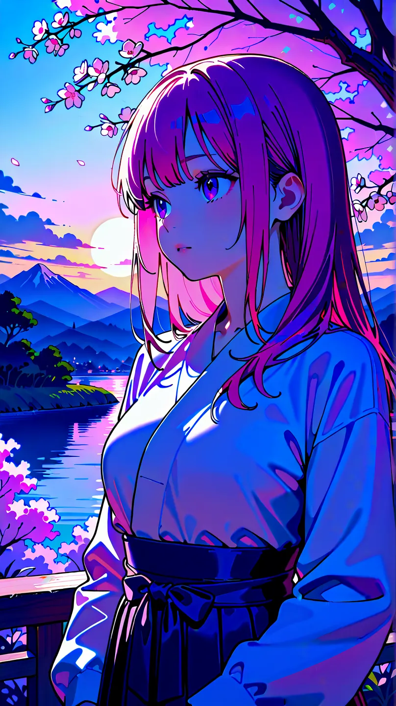 high quality, 4K, 8k,  photos,  traditional Chinese ink painting style, girls on the left, pink hair, purple eyes, Chinese landscape, lake, Mountain, tree々, cloud, cherry blossoms, realistic, masterpiece, ultra-detailed, realistic, HDR, studio lighting, vi...