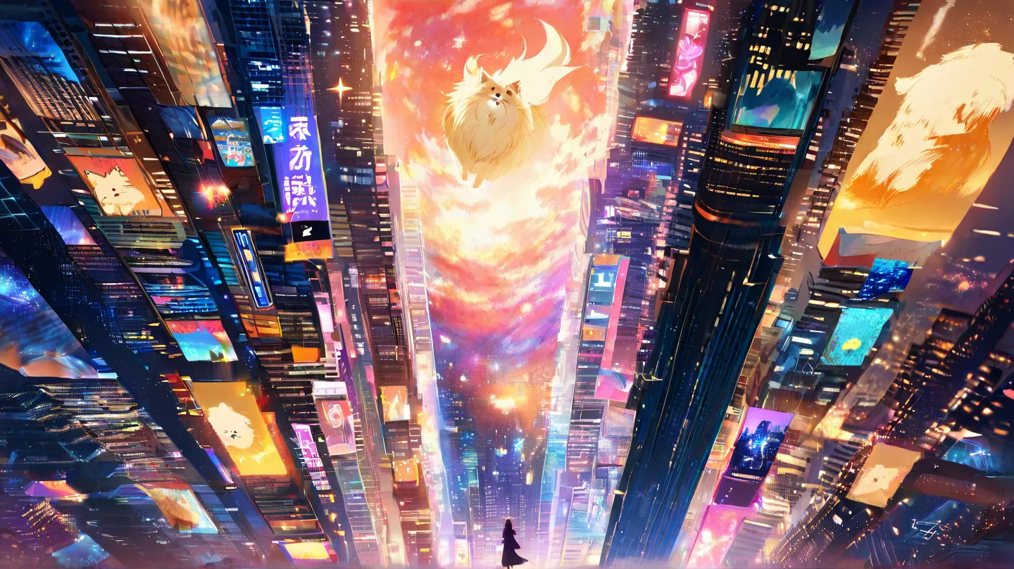 Ghibli風の犬、 Pomeranian、 anime、Ghibli、Urban landscape、One beautiful woman on the top floor of a skyscraper 、night、A dog that looks up at the stars