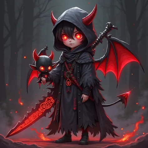 A mysterious young devil warrior cloaked in a tattered black and red hooded robe, concealing their face entirely except for two glowing red eyes that pierce through the darkness. The oversized hood casts a shadow over their hidden features, making them app...