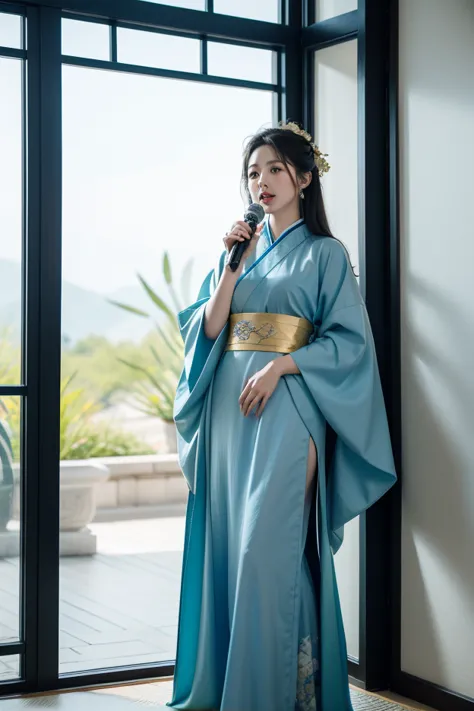 Alafite woman in a blue kimono sings into the microphone, Inspired by Song Maojin , palace ，  girl in Hanfu , Inspired by Huang Ji, Inspired by Shen Zaizheng , Hanfu, Fan Art, Wearing blue cheongsam,  Gilt Princess Lotus ,  white Hanfu,  inspired by Kwan D...