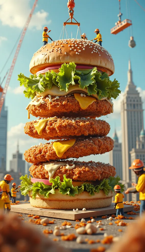 A massive, deconstructed Zinger burger, each layer hovering mid-air like a skyscraper under construction. Ultra-realistic tiny workers in bright yellow and white uniforms with hard hats are assembling the crispy chicken patty, carefully placing a layer of ...