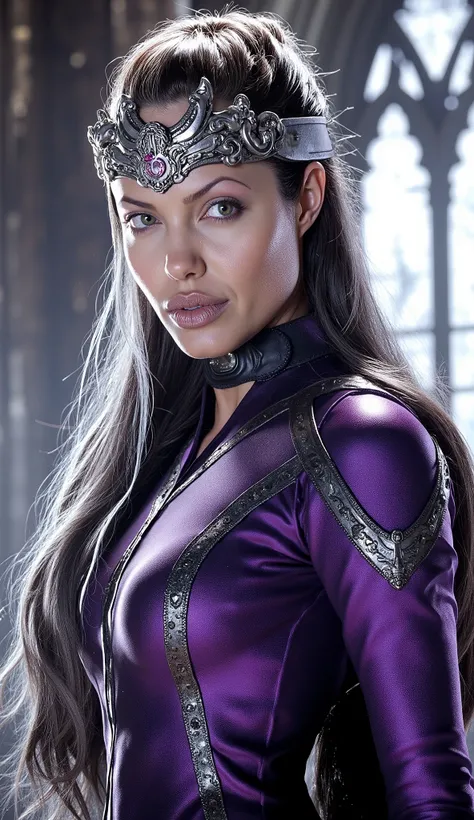Here's a detailed prompt to generate a super realistic image of Angelina Jolie as Sindel, with her bright purple outfit e metálica, silver hair and a metallic purple crown:

"Angelina Jolie's hyper-realistic close-up how Sindel, The queen of * mortal komba...