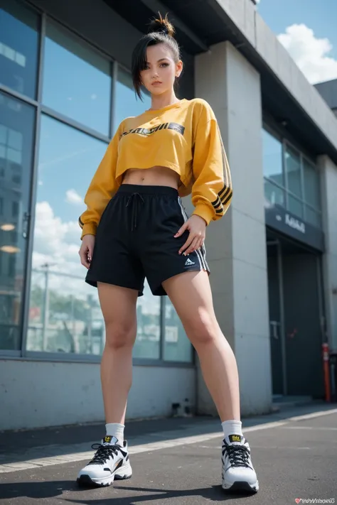  high resolution,   boyish ,   1 girl,  black hair, Sporty shortcuts,   asymmetrical hairstyle  ,  Asymmetrical bangs,   yellow eyes,  There are three circles in the middle of the eye,  Skater Style Street Fashion, slightly oversized bottoms, standing,  fu...