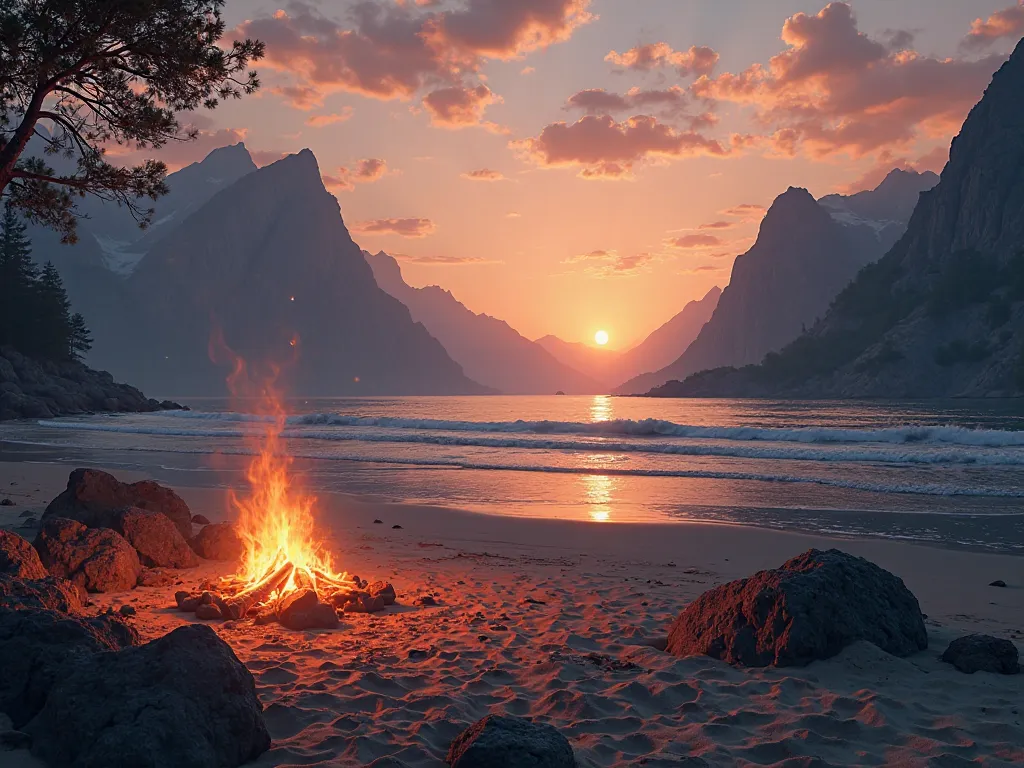 sunset beach, campfire, no people, concept art, mountains behind, hd