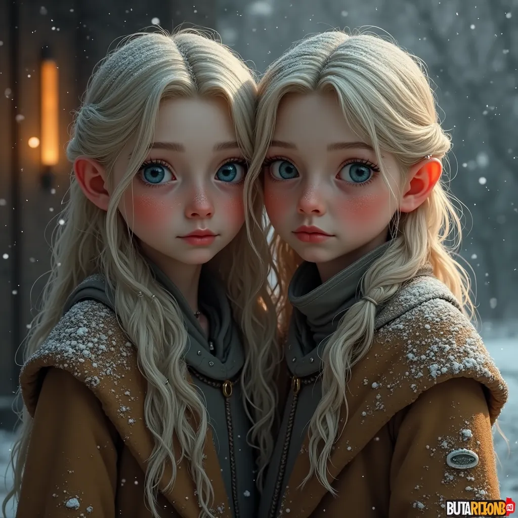 Image is a digital artwork featuring two young ren with fair skin and long, light blonde hair, standing closely together. Both ren have striking blue eyes and are wearing thick, brown coats dusted with snow, suggesting a cold environment. Their expressions...