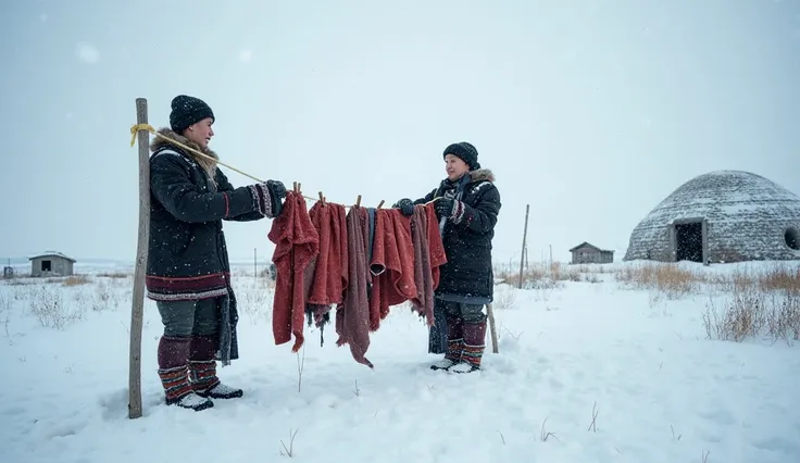 In the background, two Inuit individuals, a man and a woman, are hanging traditional Inuit clothing on a clothesline to dry. The scene is set in a snowy Inuit village, with an igloo and a few traditional huts visible in the distance. The atmosphere is cold...