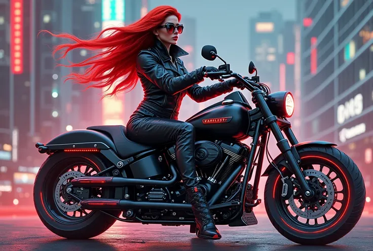 A fusion of cyberpunk and American classic aesthetics: a stunning red-haired woman sits confidently on a fully customized Harley-style cyberbike. The bike combines sleek futuristic technology with the bold, rugged design of a classic cruiser, featuring glo...