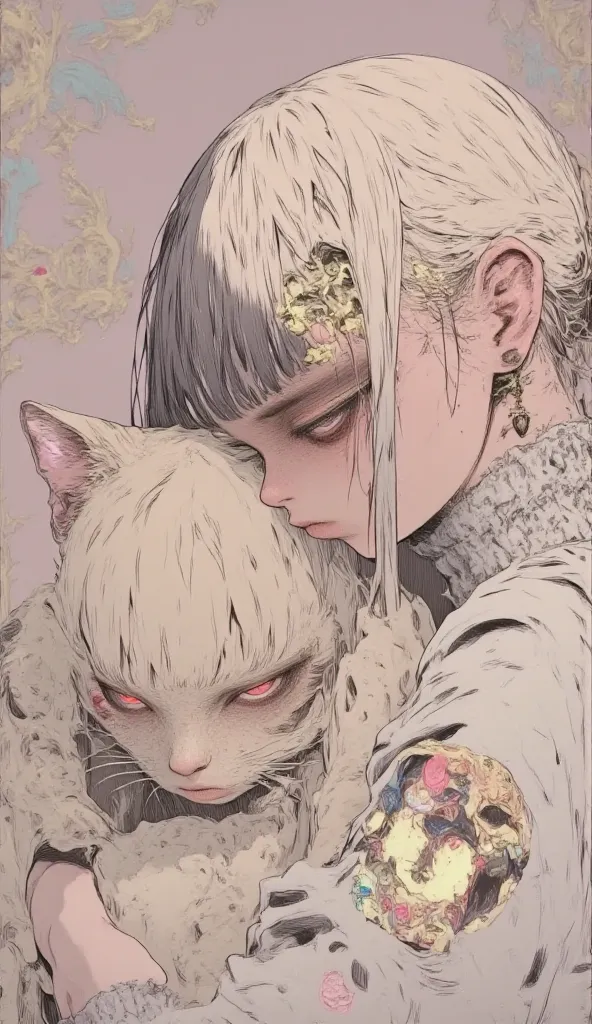  Gothic Lolita woman is hugging a big light brown stuffed cat、fruit、Feminine Gothic Aesthetics   , Close up details, Detail shot,   with clear details ,   Artie Love Blow Style , Silkscreen Art ,  closeup photo ,  extra fine ink details  ,   silkscreen pri...