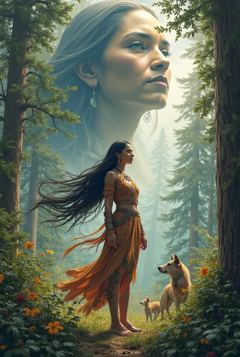 Chef d'oeuvre parfait. Pocahontas dans le vent avec des animaux dans une magnifique forêt  avec pour spectatrice le visage en grand de sa grand mere dans le ciel