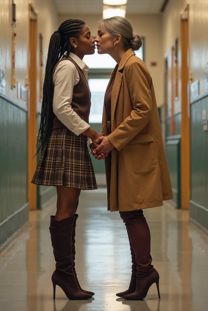 A Jamaican  s  girl and a 65-years-old stunning slim Tibetan woman with hair up. The the   girl is wearing a braid, a Scottish style pletted skirt, white blouse, wool vest and matching gray wool coat, shiny tights, knee high dark brown heeled boots. The wo...