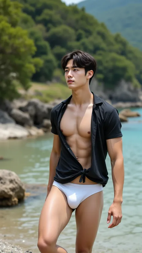 （Two 185 cm Korean handsome male star high school students），(Chest Full )，（STEREO ABDOMINAL MUSCLE），（ delicate cute face ），（Fragmented cap hairstyle）， inverted triangle body ，Five-Toe ， five fingers，Crotch Full of Details，high-resolution, masterpiece, Anat...