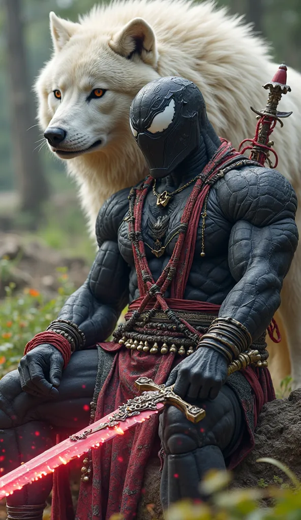 The Venom's muscular black body remains, but he's adorned with traditional Indian clothing like a torn, sitting in the park, hold a big sword emits red energy, in the big city, with the white giant wolf, realistic.