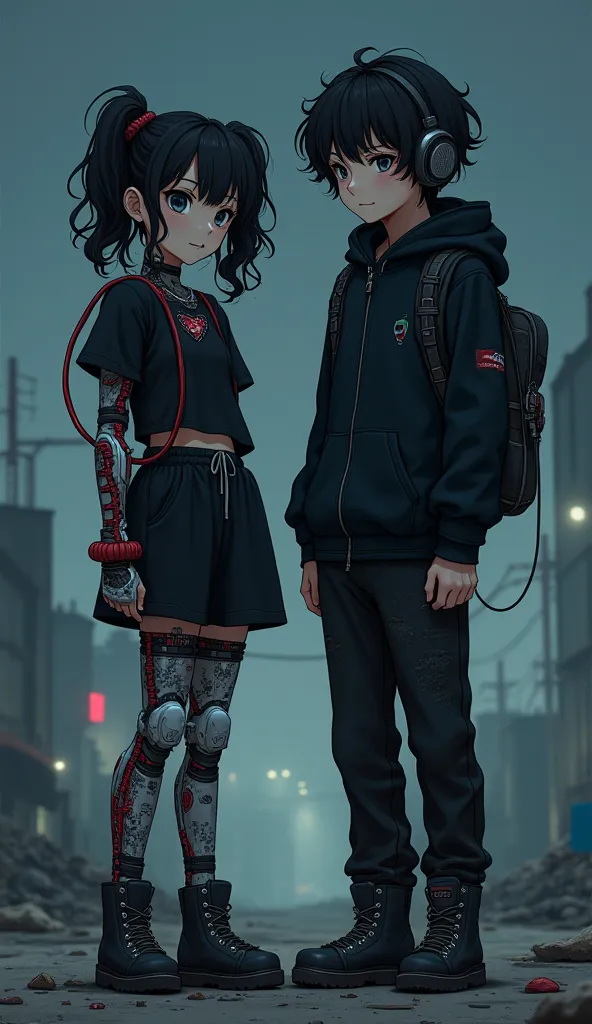 Semi-destroyed girl with curly black hair with pigtails wearing black clothes, On her right arm and leg she has robotic parts with red and black cables, on his chest an artificial heart and robotic parts and headphones on his face, At your side, a boy with...