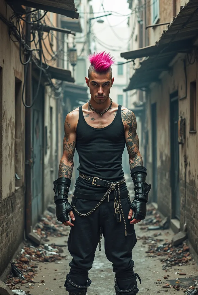 Make me a young man with dark pink hair with a mohawk shaved from the sides, He wears a tank top and finger glove, long pants and closed shoes, He has an anarchist style, He's in a city in an alley.